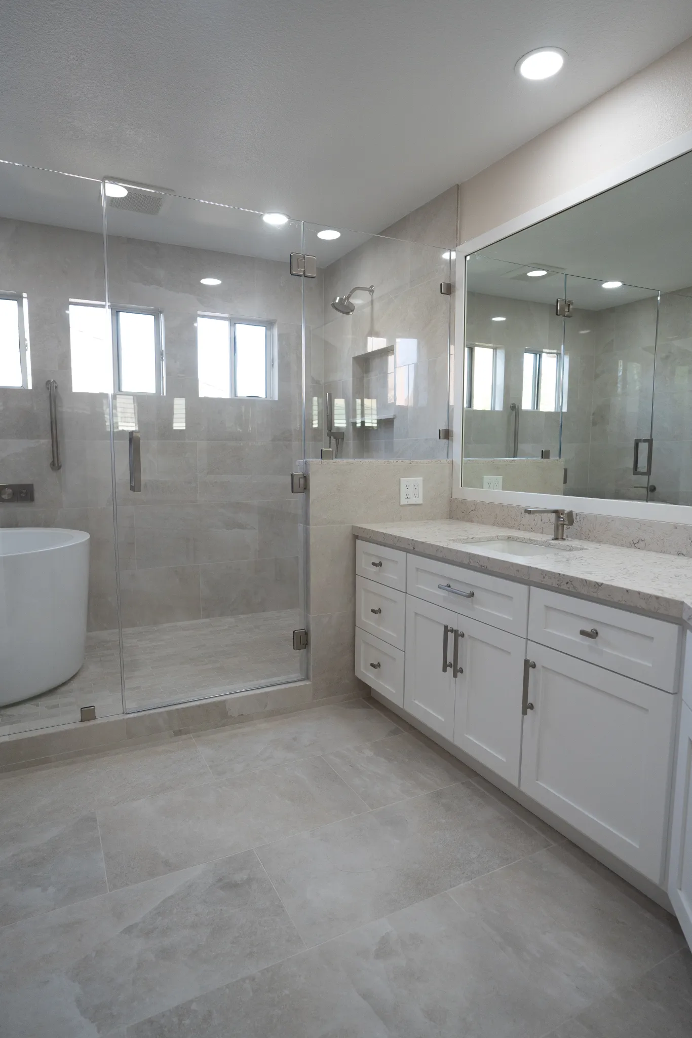 Clean minimalist spa bathroom, Pacific Cove, Orange County