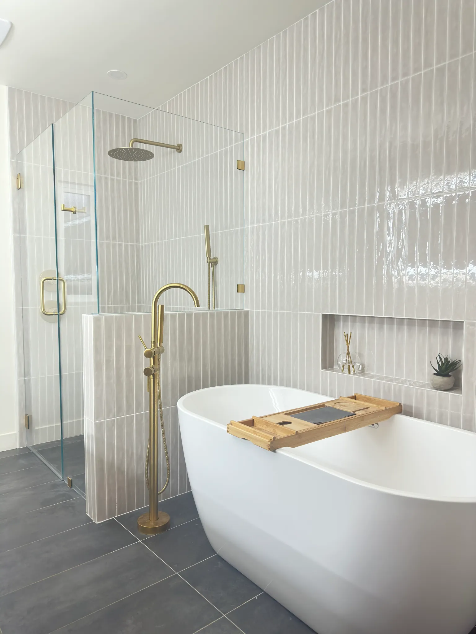 Gold-fixture spa bathroom with soaking tub, Randall Avenue